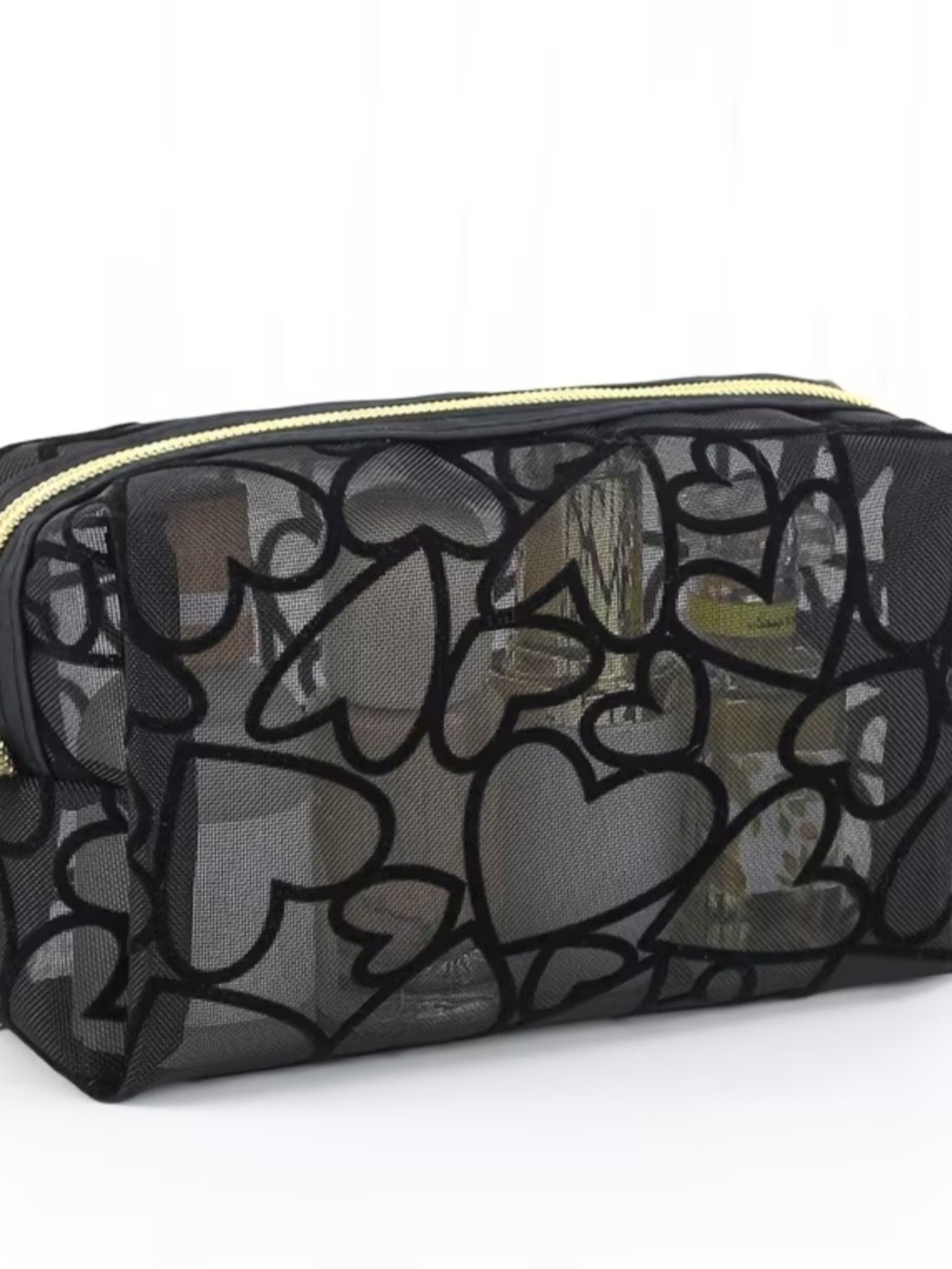 Black Heart Mesh Cosmetic Bag with Gold Zipper